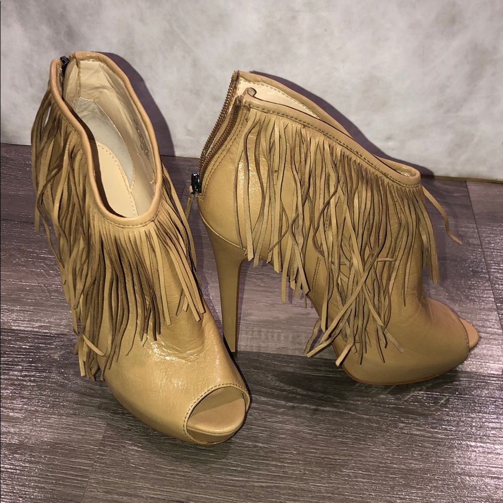 Boutique 9 Tan Fringe Peep-Toe boots booties Heels New see pics